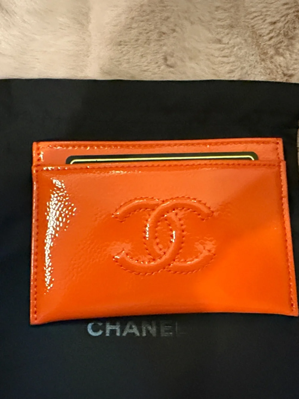 Pristine CHANEL Orange Patent Leather Card Case with Embossed CC and COA